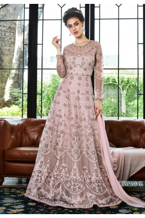 Pink net embroidered abaya style anarkali suit  4535